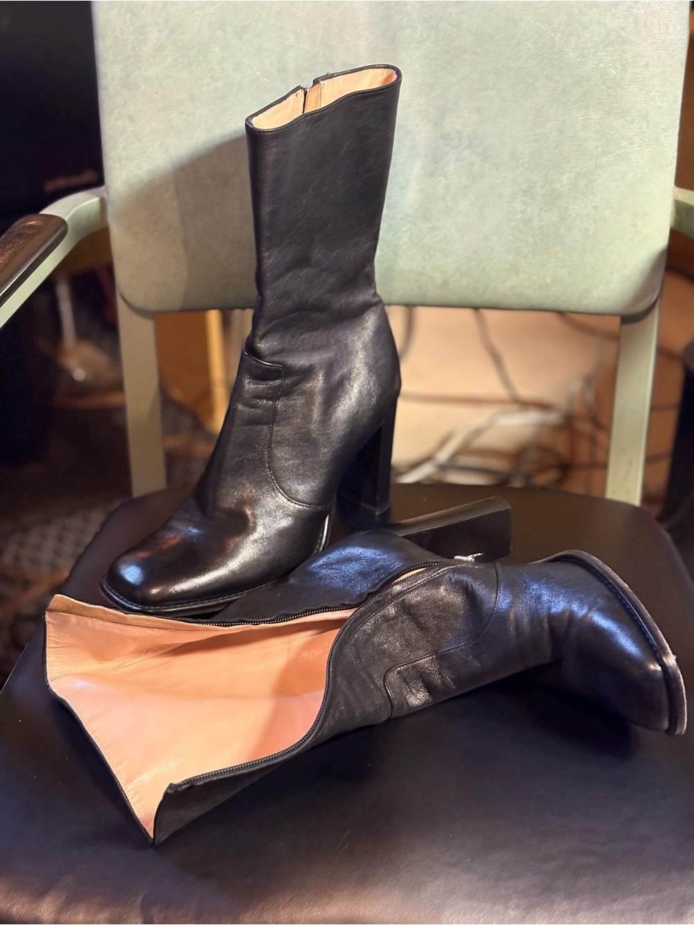 Black Leather Mid-Calf Boots, size 11